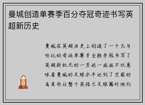曼城创造单赛季百分夺冠奇迹书写英超新历史